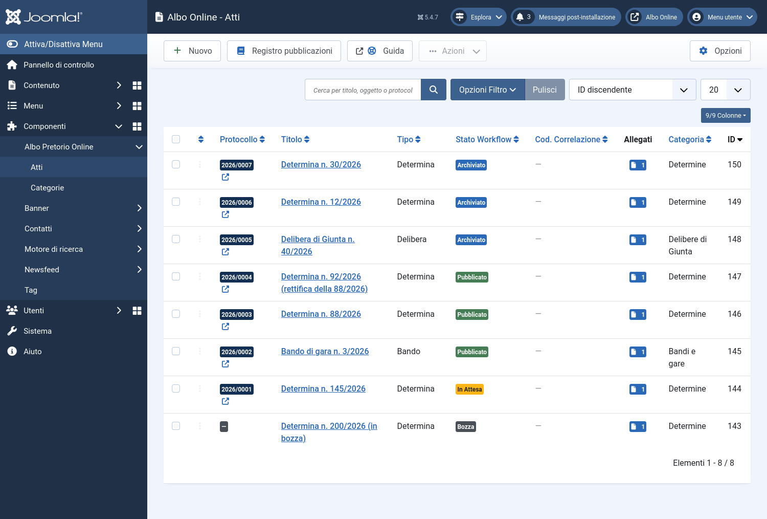 L'elenco degli atti nel pannello di amministrazione: la colonna «Stato Workflow» mostra i colori dei diversi stati — Archiviato, Pubblicato, In Attesa e Bozza.