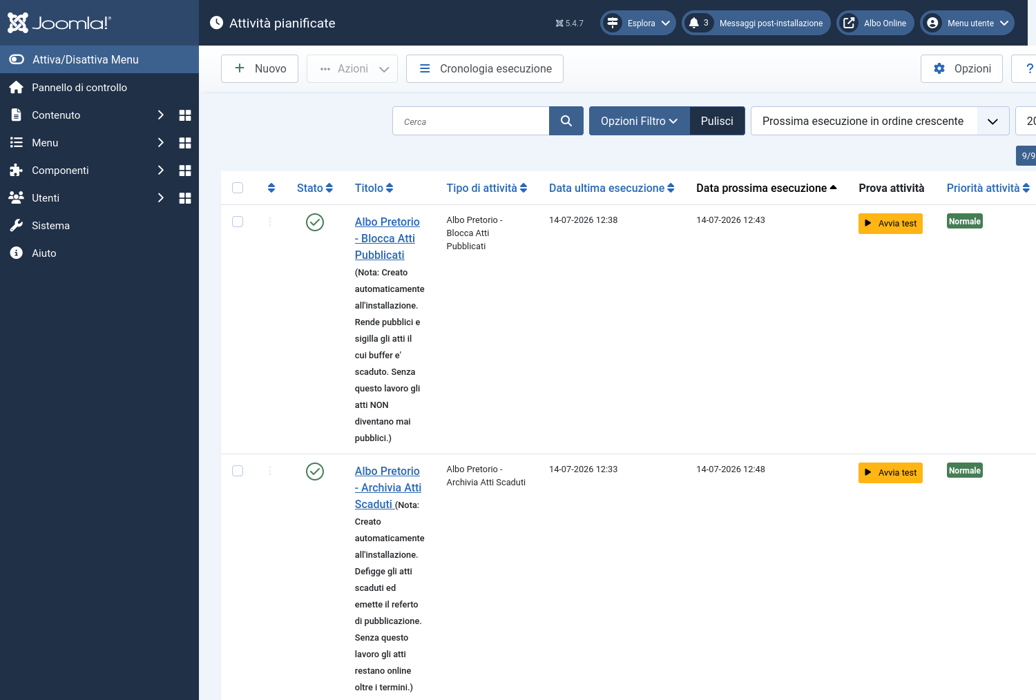 Le attività pianificate di Joomla, con i due lavori dell'albo attivi.