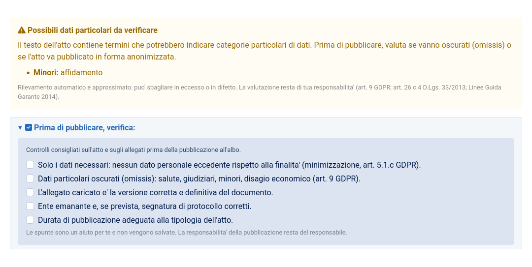 In cima alla scheda di un atto in bozza: il riquadro giallo «Possibili dati particolari da verificare» e, sotto, la checklist «Prima di pubblicare, verifica:» aperta con i cinque controlli.