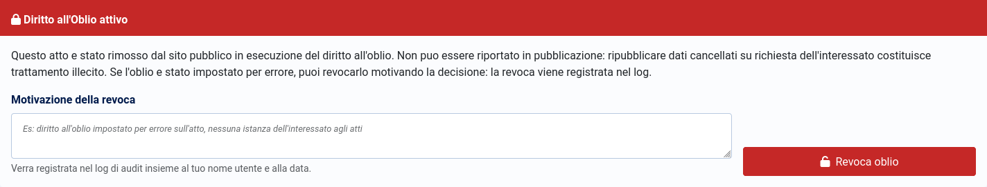 Il riquadro rosso «Diritto all'Oblio attivo»: spiega che l'atto è stato rimosso in esecuzione dell'oblio e non può essere ripubblicato, e offre il campo «Motivazione della revoca» con il pulsante «Revoca oblio».