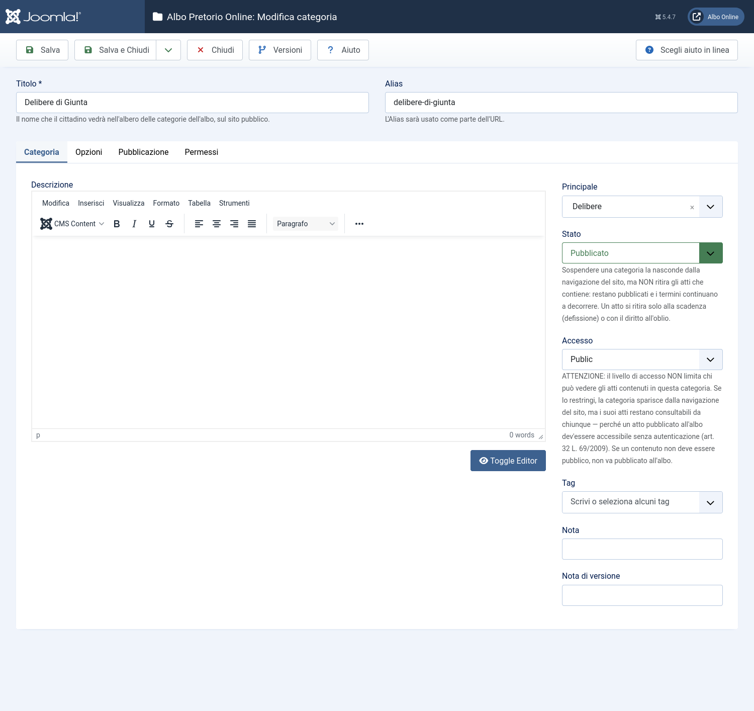 La scheda di una categoria dell'albo con l'aiuto in linea acceso: Titolo, Alias, l'editor Descrizione e, nel riquadro laterale, i campi Principale (categoria madre), Stato e Accesso ciascuno con la propria spiegazione.